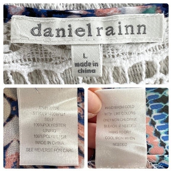 Daniel Rainn Blouse White Crochet Lace Bib Keyhole Kaleidoscope Print Sheer Top - Picture 6 of 6